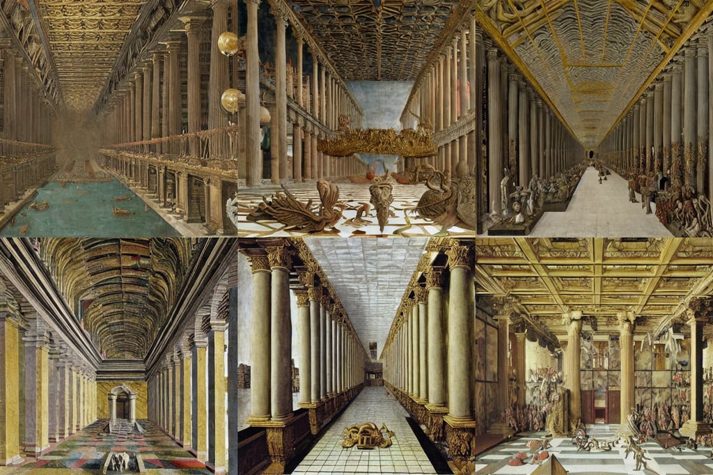 piranesi mc escher chaotic palace interior ancient vast melting, art by Jan Van Eyck, art by Jan Van Eyck, art by Albrecht Dürer, art by Claude Monet, art by Piero Della Francesca, wing-tip to wing-tip, dnd character art, dressed with white silk with gold ornaments in the edge, Animation Concep...