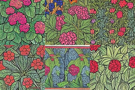 an isolated hydrangea plant, native american comic book villain, art by william morris, vibrantly colored, four warriors in the background