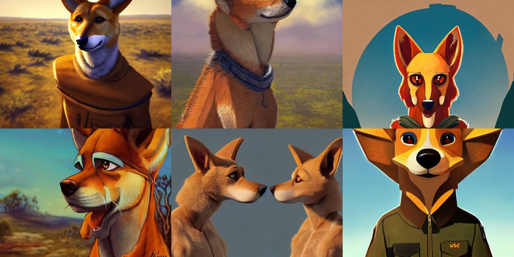 stylized three quarters portrait concept art of the anthro anthropomorphic dingo dog head animal person fursona wearing clothes adventurer standing in australia outback, hidari, color page, tankoban, 4 k, tone mapping, akihiko yoshida, clean bright happy