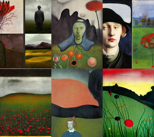 A portrait of a pale young man, art by Joan Miró, art by Caspar David Friedrich, art by Gerhard Richter, crimson rain, art by Paolo Uccello, dramatic atmospheric lighting, art by Jan Van Eyck, art by Piet Mondrian, Flowers and Lush Vegetation, full body portrait, Filip Hodas, black grass, art by Mark Rothko, hd 8k