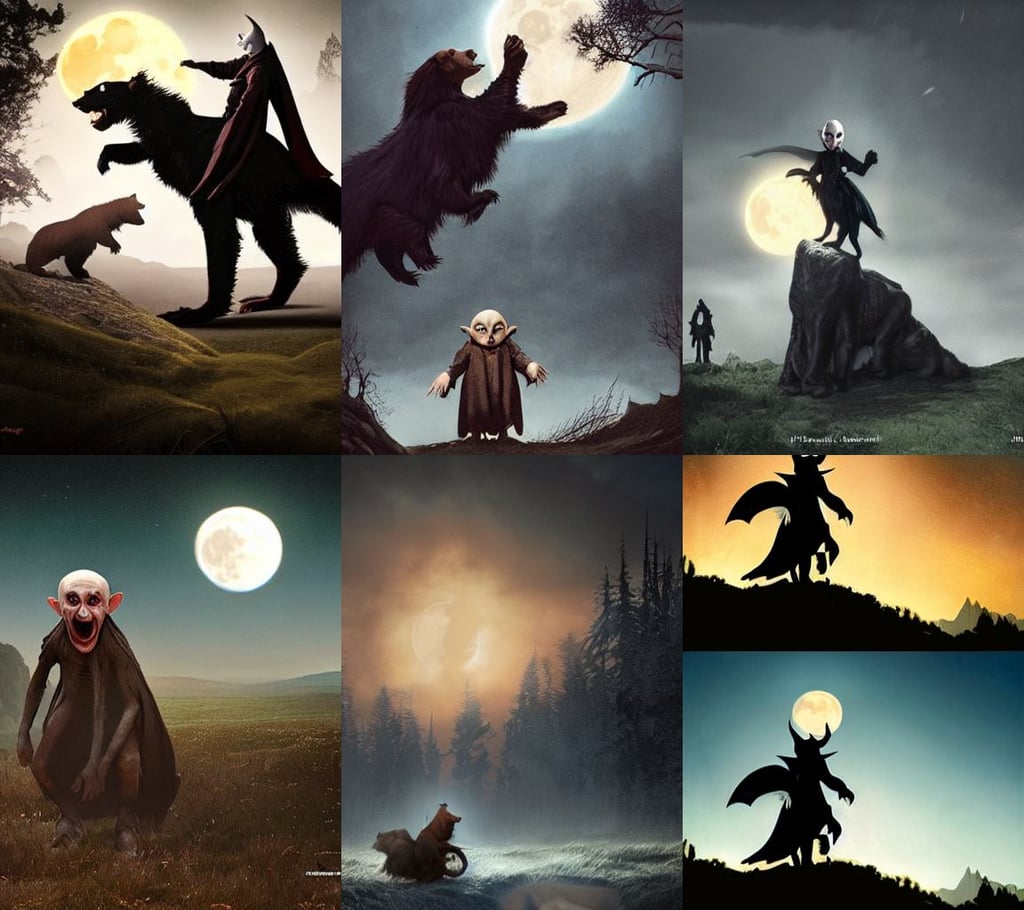 nosferatu!!! riding!!! a bear!!, fantasy setting, professional photoshop utilizing real life photos, moon in background!!, dark light night, pet flying magic cats playing, Greg Rutkowski and Alex Ross