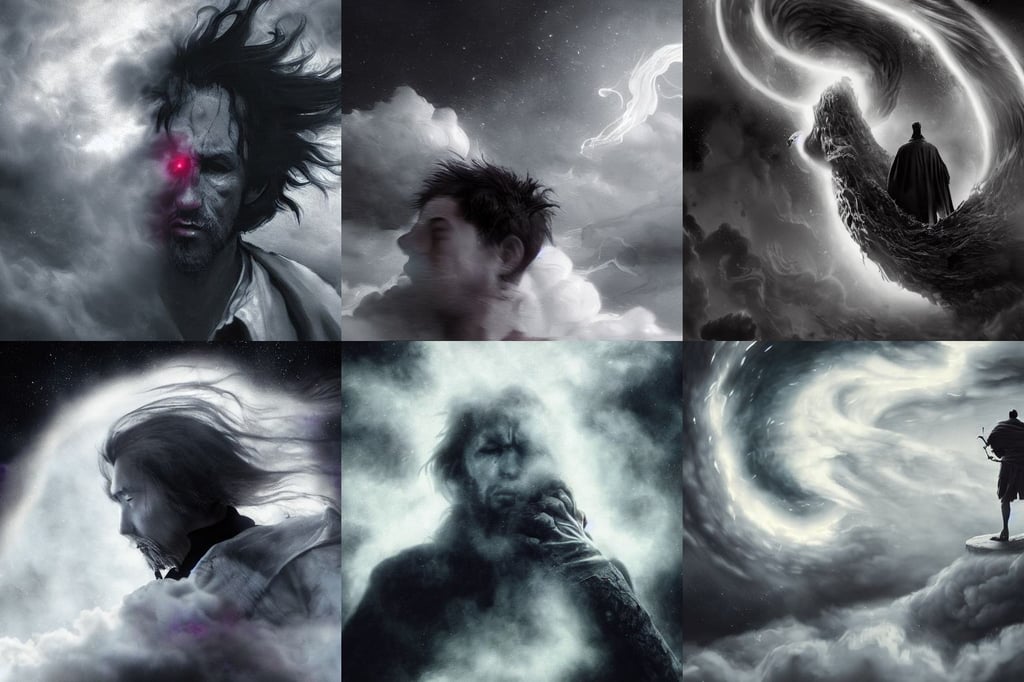 cinematic portrait of a man drifting away in the abyss of a spiral galaxy, fluffy clouds, Vermeer, topaz colors, bloodborne concept art, epic 8 k hd anime shot, black and white colors, volumetric smoke, deep darks, artgerm and mina petrovic and timothy kong and marina federovna, Koda Kazuma, silver haired, super evil scintillating fiery radiance, she has bright-blue eyes, Finnian MacManus, fighting with angles, floating through space | | cute - fine - fine details by stanley artgerm lau