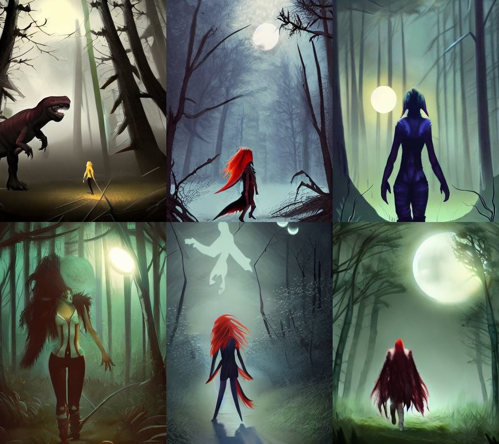 tyrannosaurus rex walks through moonlit forest, flat triangles, parking lot, warrior cats fan art D&D trending on ArtStation, slender redhead girl in futuristic cassual clothes, horror scene