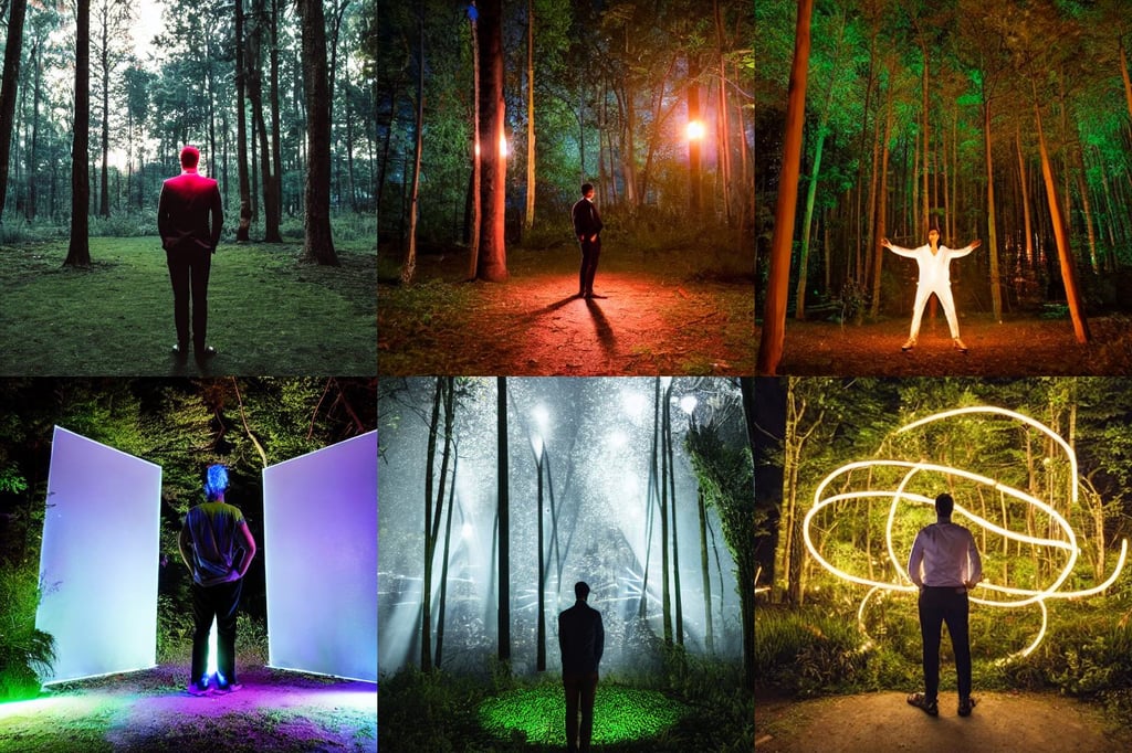 a man standing in front of a portal in the middle of a forest, high-end party, Lights