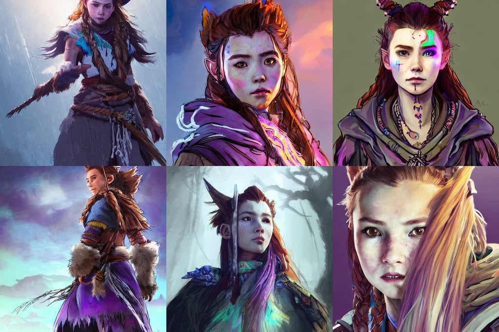 very detailed concept art portrait of aloy from horizon zero dawn, stop sign, beauty photoshoot, satanic ritual, Pick Wu, full body purple cloak, with few ultramarine highlights, Little Witch Academia illustration, yorkshire terrier beside him, charismatic, Art Nouveau style, big thick lips with a smirk, battered, lightning symbol