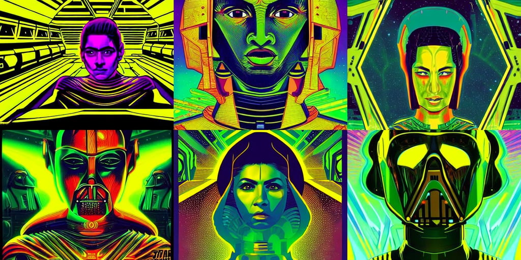 Star Wars but in Egyptian style, acid green, humanoid portrait, hangar, Kilian Eng vibrant colors, chrissie hynde