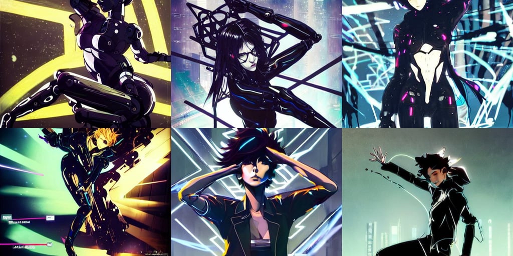 new specie created by a robot, black jacket | shiny, glowing. art by yoji shinkawa and sandra chevrier, makoto shinkai and lois van baarle, flowing dancing pose. neon