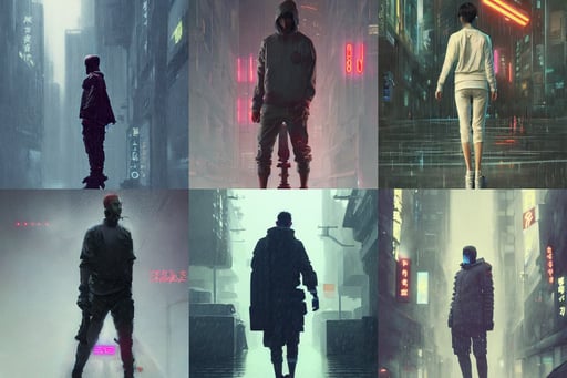 a beautiful ukiyo painting of full body cyberpunk blade runner, nike logo, artwork by wu and wlop and beeple and greg rutkowski, casual white garment, 8k resolution. Concept Painting. Key Art, rainy storm