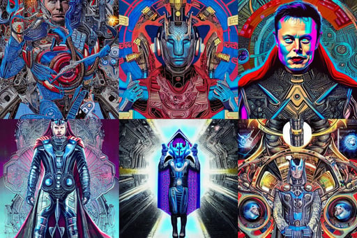 elon musk as thor, by tristan eaton, blue victorian dress, by jeszika le vye, designed by h. r. giger, akira movie style, hyper-realistic cyberpunk style, warrior cats fan art, but cannot sate. The mind from direction fails, fractal paisley inlay, ornate horns