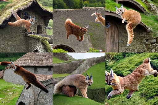 cute fluffy caracal flying over a medieval hobbit home