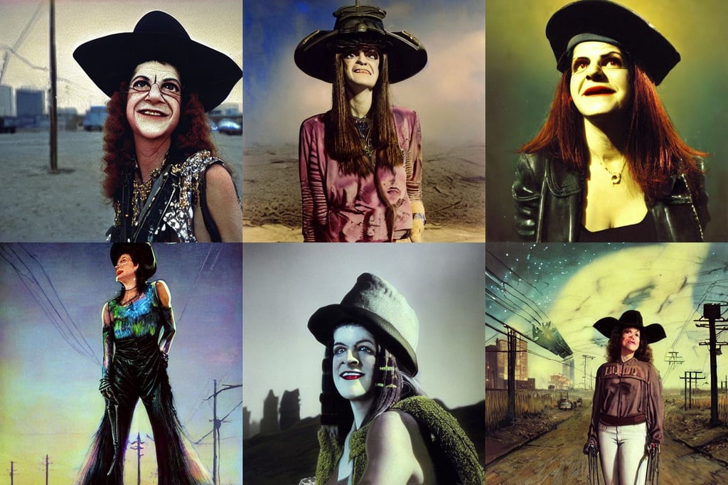 portrait of gilda radner, photo taken with provia, city, galaxy space hunter, near utility poles at middle east, by grimshaw, black velvet painting, wearing captain's tricorne hat, hyperdetailed Unreal Engine, acid screen, epic 8 k hd anime shot, dune, tank top, by tim blandin and arthur haas and bruce pennington and john schoenherr, award - winning digital art on pixiv, costume, very short black fringe hair, geometric curves on iceland mountains, Deviant Art!, 8 k photorealistic