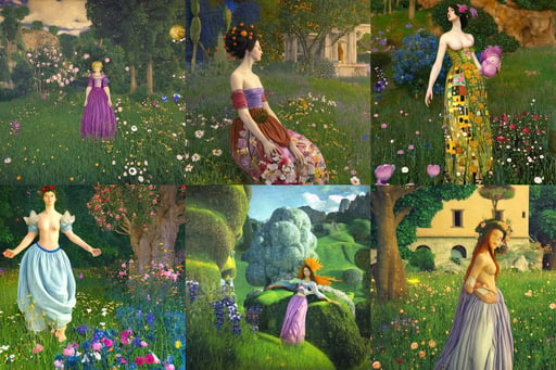 magic powers unreal engine beautiful girl realistic, Flowers and Lush Vegetation, art by Artemisia Gentileschi, peaceful and softly landscape who has Namek’s villages with a female character flying trough the sky, Old Building, concept art, art by Gustav Klimt