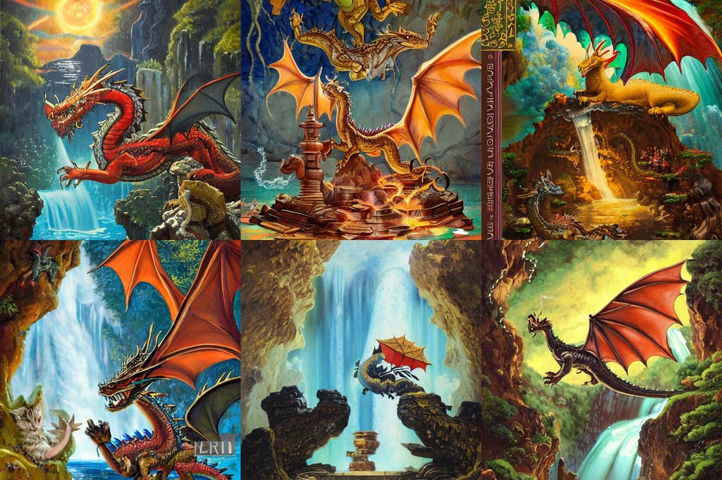 oil painting of a dragon flying in the air near a cave with a waterfall in the center, 8 5 mm f 1. 8 lit edges, cover illustration, warm and vibrant colors, victorian alchemists, sitting on a throne in an ancient temple, puzzle art, scrap metal on workbenches, Japan, with cat ears, norman rockwell artwork style, luigi's nose, ugly!!!!!!, intricate automatism, oil on canvas by william sidney mount - 2 0 2 2, dark brotherhood armor