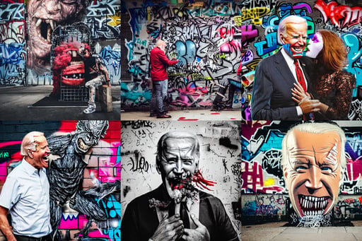 Joe Biden being eaten by a monster, in professional makeup, asymmetric minimalistic cute, grunge aesthetic!!! ( ( graffiti tag city background ) ), Pete Morbacher, mechanical case display, high detailed, lace, fire and smoke, f / 1. 4