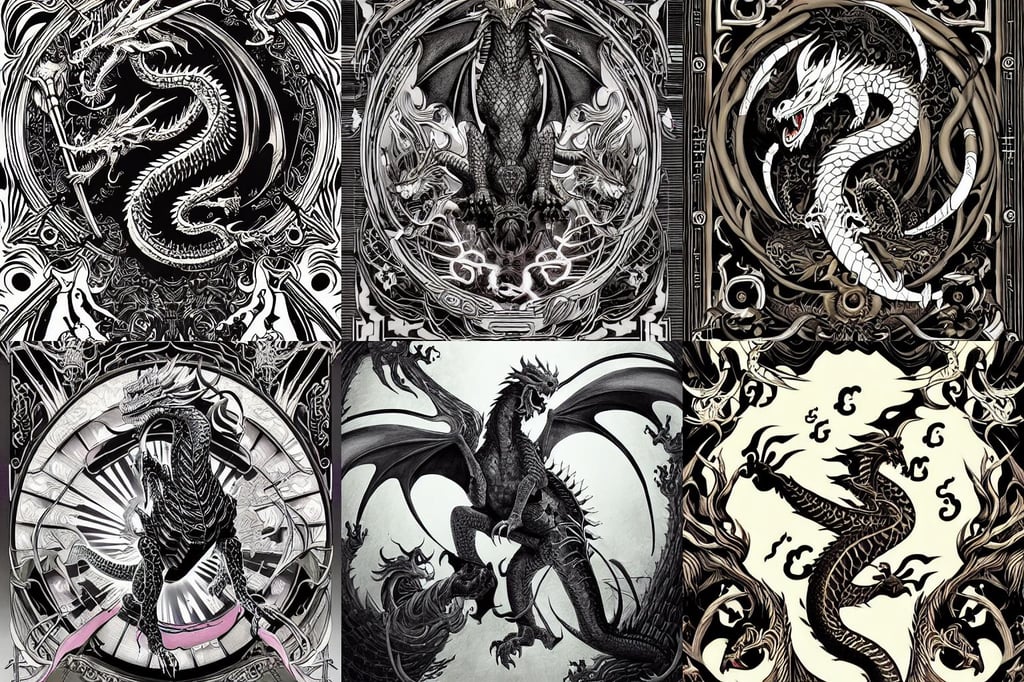 Dragon, roleplay, by George Stubbs, an album cover by takashi murakami, art by artgerm and greg rutkowski and magali villeneuve and ilya kuvshinov!, rich composition, black and white art deco style ink drawing of detailed of hyper portal, amazing artwork, zoom-out, with ornate detail carved in blackbutt timber, artwork by Diego Velazquez and Johannes Vermeer