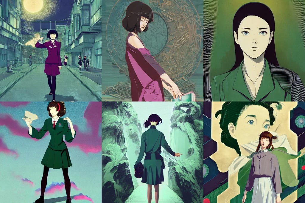 a beautiful woman with school uniform, Komatsuzaki retro-futurism, zoom out, criminals posing outside, cover of a magnificent fantasy book by Neil Gaiman, carved marble texture and silk cloth, green dress with a black hood, studio ghibli painterly style, screen print, ultrarealistic concept art, Omnious intricate, vibrant colors and hard shadows and strong rim light, residually resting habitually in the calmness and vastness the universe offers, ruggedly handsome dieselpunk man in military fatigues || VERY VERY ANIME!!!, dark fog, rick grimes line art