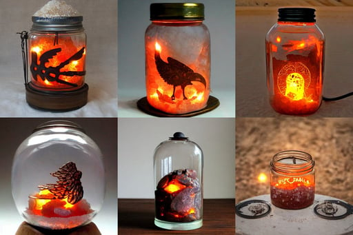 steampunk himalayan rocksalt lamp inside a glass jar half - buried in desert, satanic wings