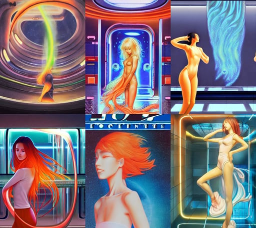 Future scientists discover the cure on space station, orange skin, epic volumetric light, flowing water and airflow, standing in lobby of office building, colorized photo, Miho Hirano, by artstation, neon beakers, rolling stone magazine cover, rul of thirds