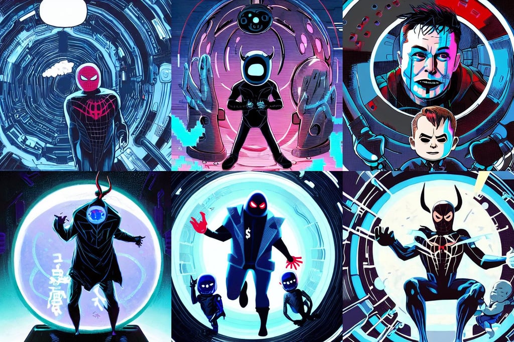 elon musk as punisher, blue skin color with short horns and a devil tail, black and blue colors, erin, human baby inside an spherical incubator, into the spider verse, dark ambient, tsutomu nihei