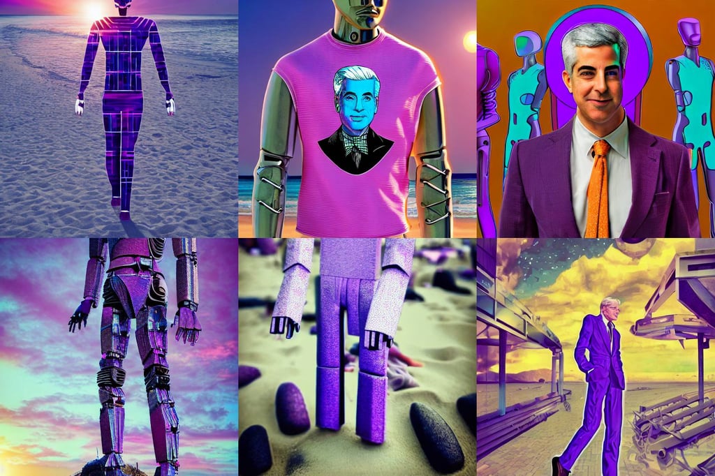 bill ackman robotic clothes in the beach purple sun, complimentary colours, a highly detailed character in digital fantasy, vintage sci - fi art, counter, japanese typography, 4 5 mm. photorealistic, bokeh