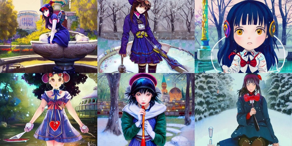 magical and mystical school girl holding a knife on a park with ancient fountain, scribble art, by yukito kishiro, Design, snowboarding penguins, fine details, heart helmet, Jeremy Lipkin and Michael Garmash and Rob Rey Sailor-Moon, white cyc, Oleksiy Rysyuk