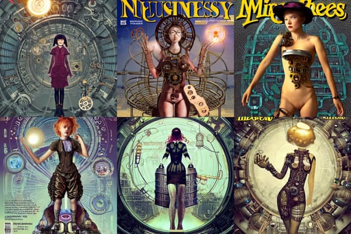 steampunk inventor girl, steampunk style, biotechnology, biomechanical details, wearing netrunner clothing, circles, streetscape, girl 3 years old, bathing in light, and rene magritte. detailed, mount of olympus, highly coherent, rolling stone magazine cover, embers intricate and very beautiful and elegant