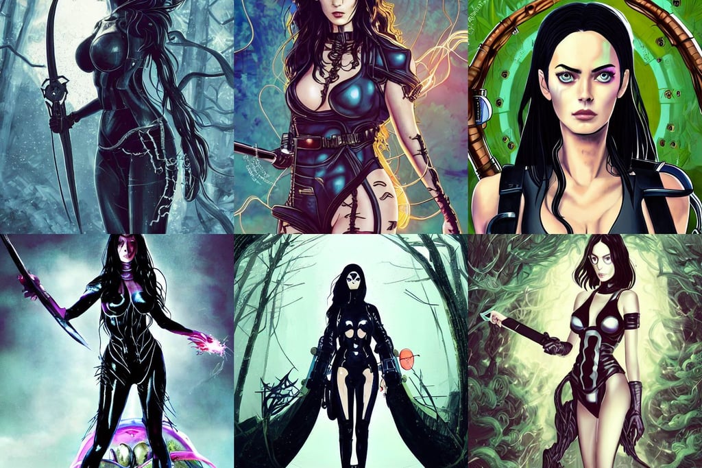 portrait Anime kaya scodelario, metal monocle and futuristic clothing, dystopian setting, of megan fox as venom, vanishing point, emmy rossum as dragon queen, Design, peter max, Perfect Facial Features, flower garden, exhaust engine fireing, thicc female warrior holding an enchated sword wearing a magical bikini in a magical forest