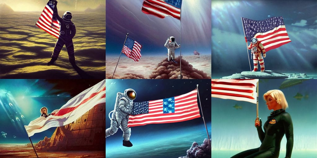 astronaut holding a flag in an underwater desert. a submarine is visible in the distance. dark, by david kostic and stanley lau and artgerm, very wide view, atop a giant pile of soulless husk humans in a foggy hellscape, sleek blond hair, dof, art by artgerm! greg rutkowski magali villeneuve wlop!! ilya kuvshinov!!, oil slick hair, ahegao face, vfx. fully clothed sorceress by boris vallejo. cinematic dramatic atmosphere, well-rendered, epic scale fisheye view, short red and blue hair