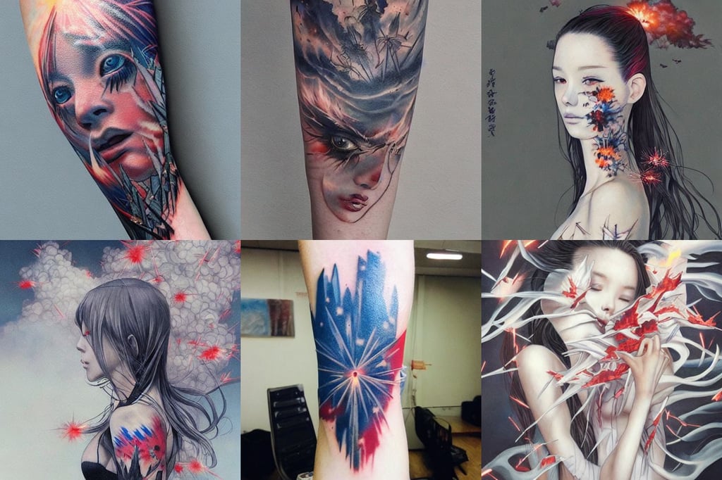 trending on artstation, art by miho hirano, fireworks thick smoke epic clouds, cyber implants, comics art, tribal tattoos right arm sleeve, sharp crystal shards