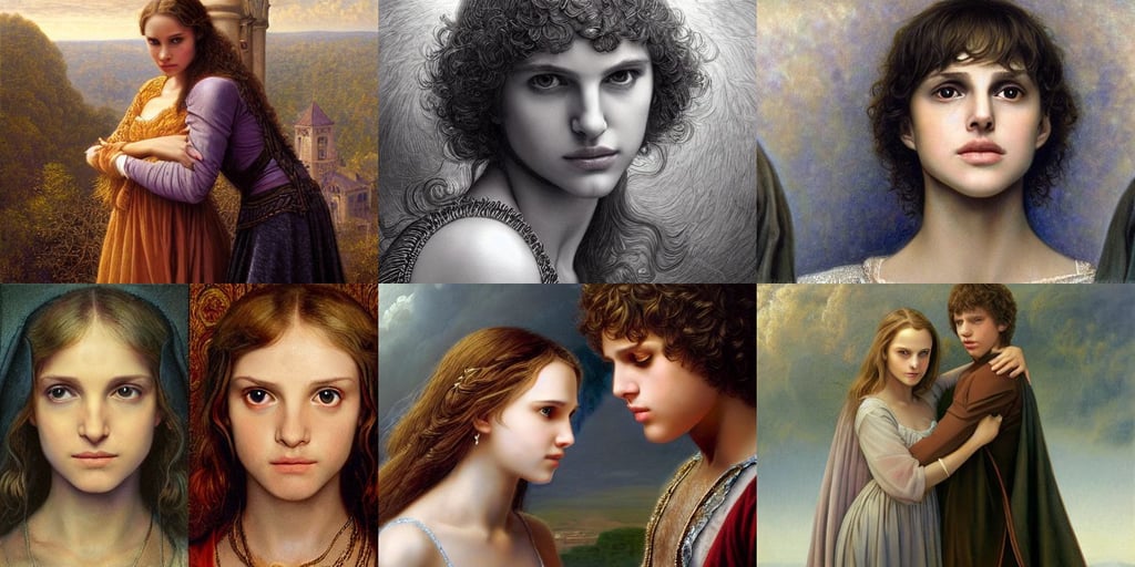 juliet ( young natalie portman ) and romeo ( young jesse eisenberg ) in the 1 6 th century verone, realistic oil painting by gustave dore and alex grey, bright eyes, white eyes without pupils, wide hips, anime by kuvshinov ilya, concept art DeviantArt art station illustration, mystic hues