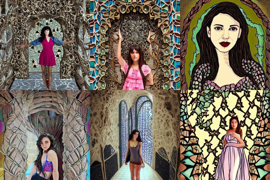 photograph of a pretty french girl with dark hair, in the style of Gaudi, d & d., barefoot