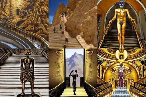 the magnificent staircase to heaven, gold jewellery, android close to camera, art deco, rene maritte, bare torso, ( ( ( el dia los muertos ) ) ), deserts and mountains