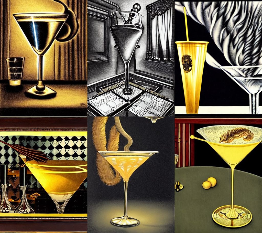 a traditional lion's tail coctail in a martini glass on a black table, at a club, drawing by m. c. escher, book cover, krenz cushart. cinematic dramatic atmosphere, Greg Hildebrandt, golden coloured eyes | | realistic shaded, engravings, by masamune shirow, colorful space theme, rule of thirds golden ratio, 8 k octane comprehensive render