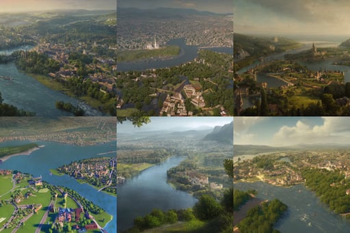 magnificent view of the city of Avalon standing on a hill in the middle of a river, france in the 1 8 th century, Liz Truss, Cryengine 8k UHD, trend on artstation, by Tony Sart and Randy Vargas, hivis, strong nose down