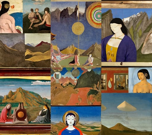 beautiful ornamented chinese hairpin, Rocky Mountains in the distance, art by Nicolas Poussin, full figure drawing, art by Paolo Uccello, art by Piero Della Francesca, biomorphic, art by Hilma Af Klint, makoto shinkai, art by Hilma Af Klint, sitting at a workbench, art by Jean-michel Basquiat, art by Henri Matisse, seabirds, welding sparks flying, sharp, abstract