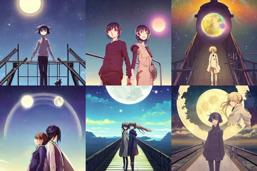 symmetry!! ultra realistic portrait of primates! cover art! moon and galaxy in background!, cottagecore!!, hannah owo face, last exile anime, shiny background, chiaroscuro, Makoto Shinkai and Lois van baarle, moon in background, standing on a bridge during sunset, ornamentation, isometric illustration by chihiro iwasaki, feng zhu, creary, immersed within a glitch network, 4k digital masterpiece by Anna Dittman and Alberto Seveso Ruan Jia, trending on Artstation. splattered cartoon art.