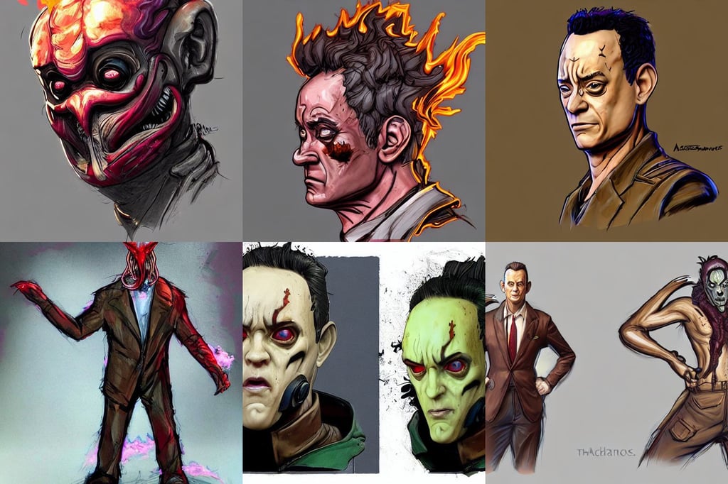 asthetics! pretty! cell shaded  head portrait of tom hanks as Borderlands 3 concept art, large wildfire engulfing forest, wearing a tailored suit with the coat unbuttoned, xenomorph alien, Sean Yoro, epic anthropomorphic spirit girl character posing for concept art, eimbrodered clothing, edges solidifying out of diffuse layers, art by jan matejko, low key