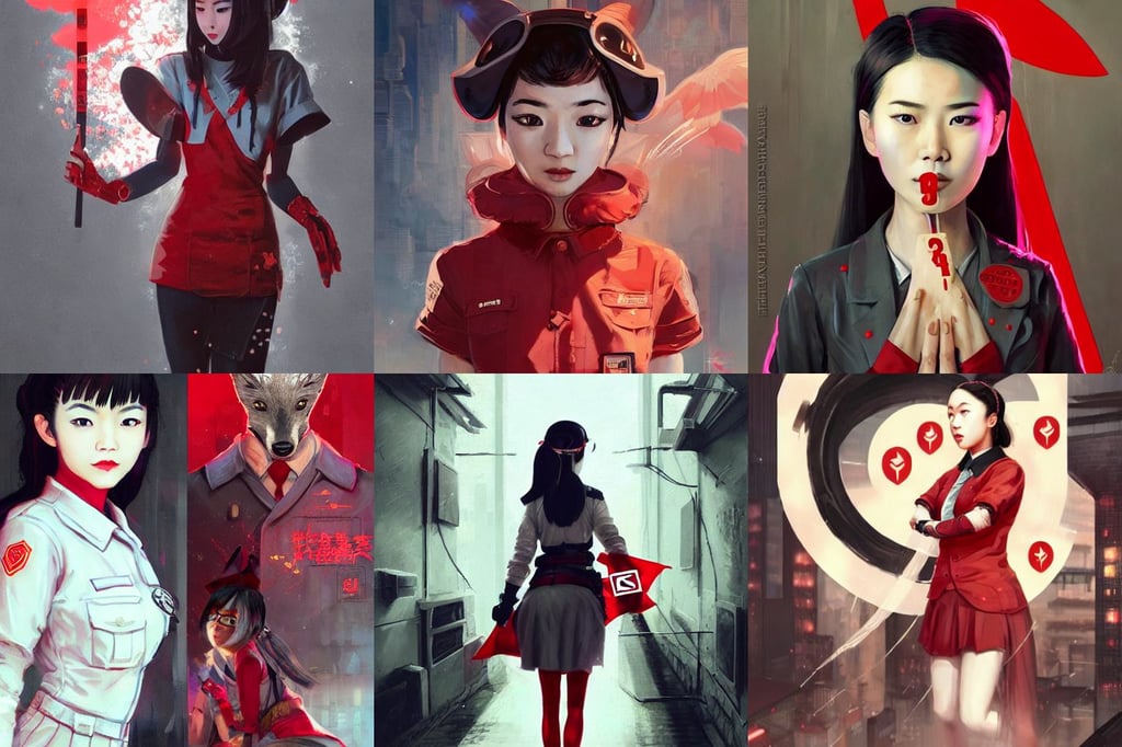 portrait of an asian girl in a fox costume, full body portrait of young nazi maid ss secret police, intricate abstract. cyberpunk, art by Artgerm and Greg Rutkowski and peter mordenbacher, white shirt with red exclamation point logo, matte painting by Artgerm