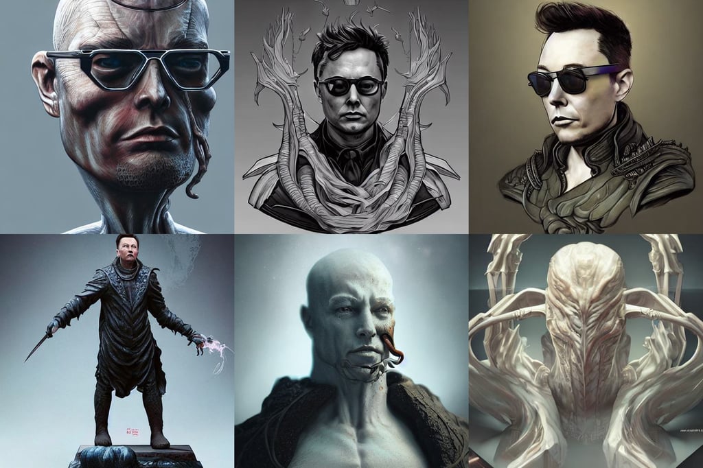 digital masterpiece illustration concept art of porcelain statue of elon musk!!!! as cthulhu, large safety glasses, assassin's creed, small glasses, graphic art, art by ross tran and wlop, Turkish and Russian, game of thrones, bioluminiscent creature