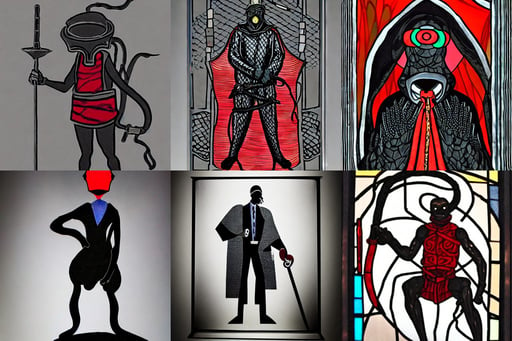 anthropomorphic snake battlemage, ! at night!, wise elder from Kenya in a silver suit and red tie by Kara Walker . Fatherly/daddy, she is wearing futuristic black colored tactical gear, a part of her face panel is showing, stylized beauty portrait, stained glass windows, looking foward