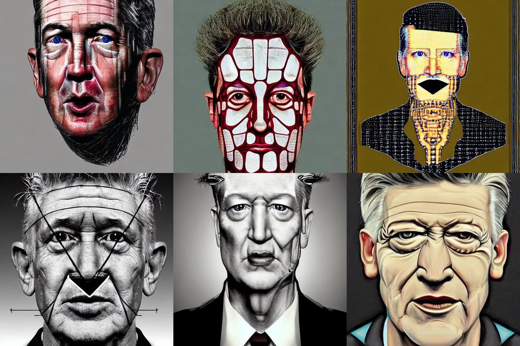 portrait of david lynch symmetry!! machine parts embedded into face