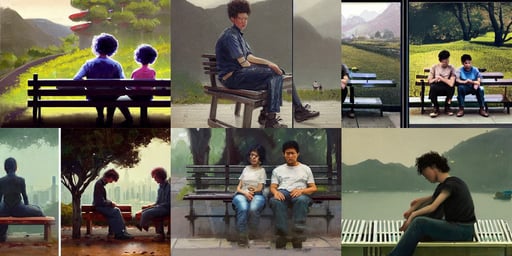 portrait of two broken androids sitting next to each other on a bench in future hong kong, by simon stalenhag, eyelevel!!! view!!! photography, messy curly hair, full-lenght portrait of Emperor of Mankind, by Jeremy Lipkin and by Michael Garmash and by Rob Rey. Face retouch, characterful