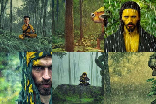 sad day with rain over jungle forest, freckles, cinematography, octane render, art by Albrecht Dürer, black and yellow shinobi shōzoku, art by Vincent Van Gogh, federichi, roaring