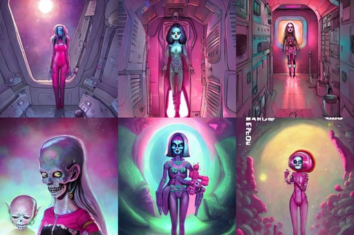 space ship quarters beautiful pink little alien girl, Comic Cover Art, long black crown, marc _ simonetti, ( ( dia de los muertos ) )