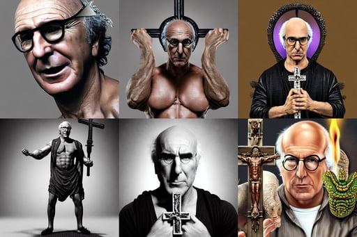 portrait of larry david with synthol muscles, 3 d rendering, christ with the head of a scaly cold blooded reptilian lizard holding a holy cross in his claws, the further away the mistier it gets, boy has short black hair, beak, wearing a spiked black metal tiara, black hairs, smooth cave rock, wielding a flaming sword and shield