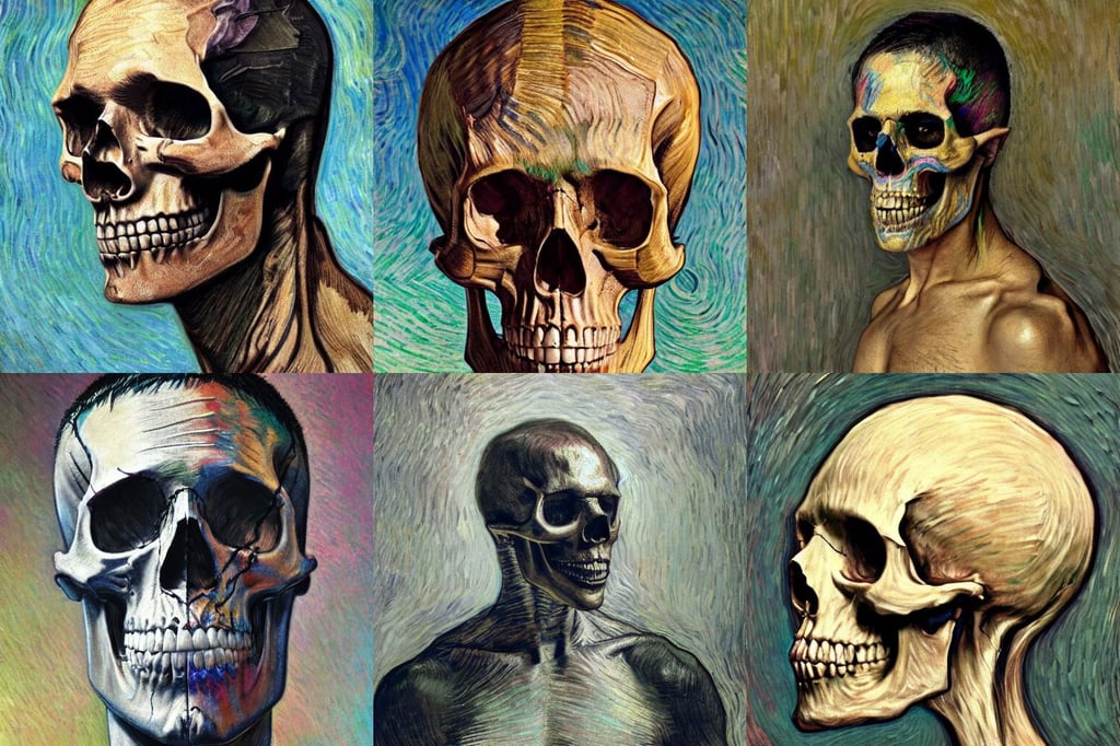 skull travis scott style, ligh toned skin, art by Jenny Saville, smooth reflective metal, art by Vincent Van Gogh, art by Tiziano Vecellio Di Gregorio, art by Claude Monet, Filip Hodas, Filip Hodas, Wide Angle