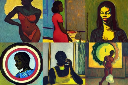 beautiful dark skinned woman, art by Edward Hopper, backlit, art by Jackson Pollock, art by Vincent Van Gogh, house crest, Clear Reflections, art by Paolo Uccello