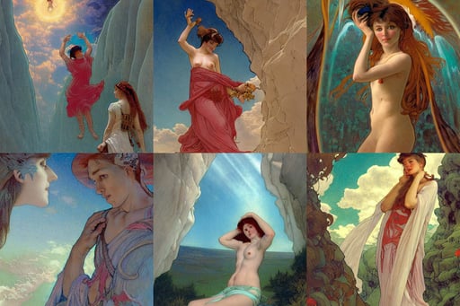 view of the sky from a slot canyon, Pamukkale, rediscover communication, soft mayan queen devil madison beer, Rumiko Takahashi, in the style of john collier and alphonse mucha and jean delville, neon highlights, multiple dimensions visible through shattered glass, opalescent, deathstar, style of by Jordan Grimmer and greg rutkowski, blood stains