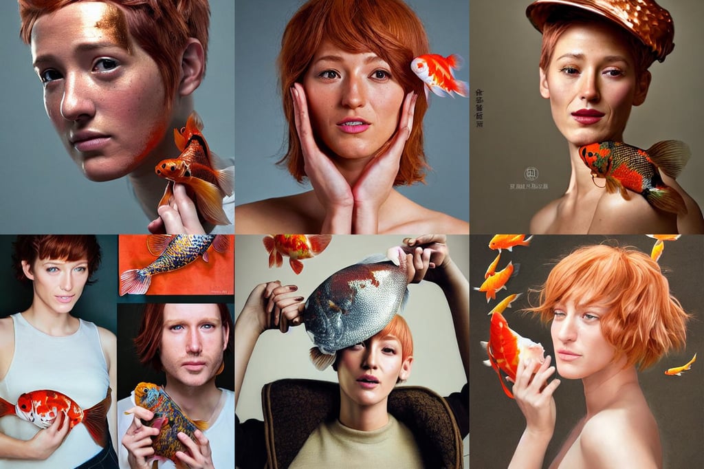 amazing still life composition, short copper hair, holding koi fish. light cute blush on face. glass fish hat. medium shot, handsome man, Blake Lively, no blankets, awardwinning movie still, art by les edwards and David kostic and stanley lau and artgerm, painter, no makeup, part by afro, fringe haircut, full body photography, realistic reflection, demoness, no letters, silver hair ((ponytail)), wearing purple strapless dress, her skin are yellow leaves portrait, by krenz cushart junji ito