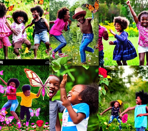 carefree black children playing smiling and laughing surrounded by butterflies, roses everywhere